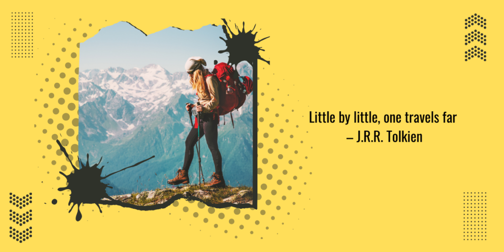 Inspirational quote by J.R.R. Tolkien about the power of small steps, featuring a photo of a hiker with a backpack on a mountaintop.
