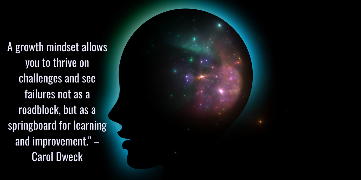 Inspirational quote by Carol Dweck about a growth mindset, featuring a silhouette of a head with a galaxy inside.